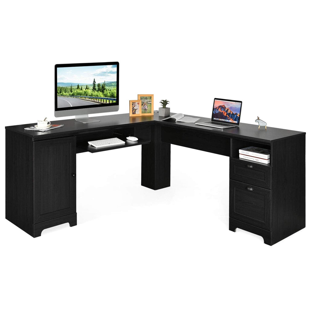 Shaped Desk, 66" x 66" Corner Computer Desk with Drawers and Storage Cabinet