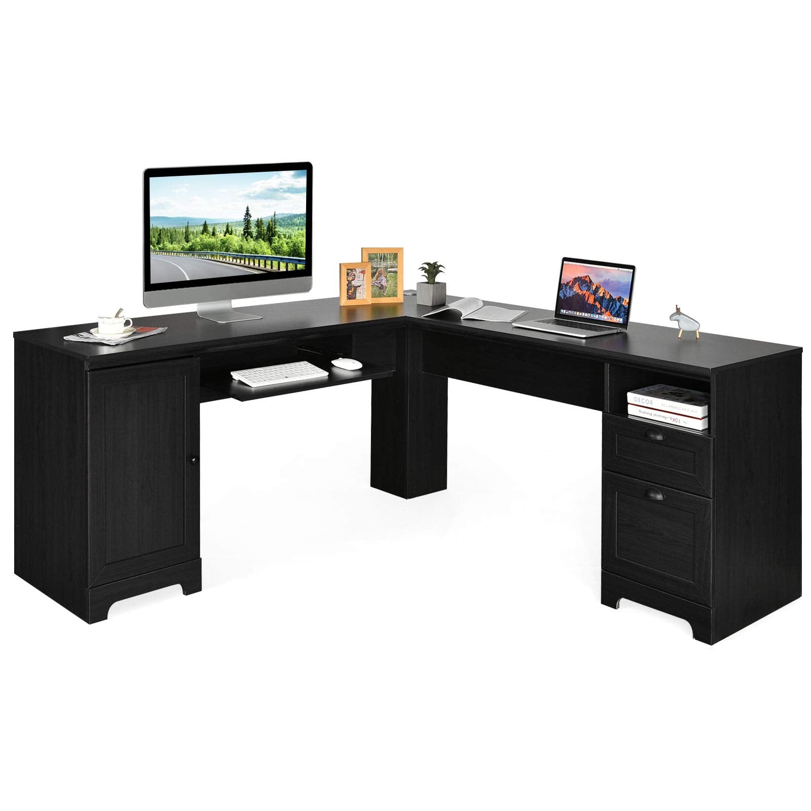 Shaped Desk, 66" x 66" Corner Computer Desk with Drawers and Storage Cabinet