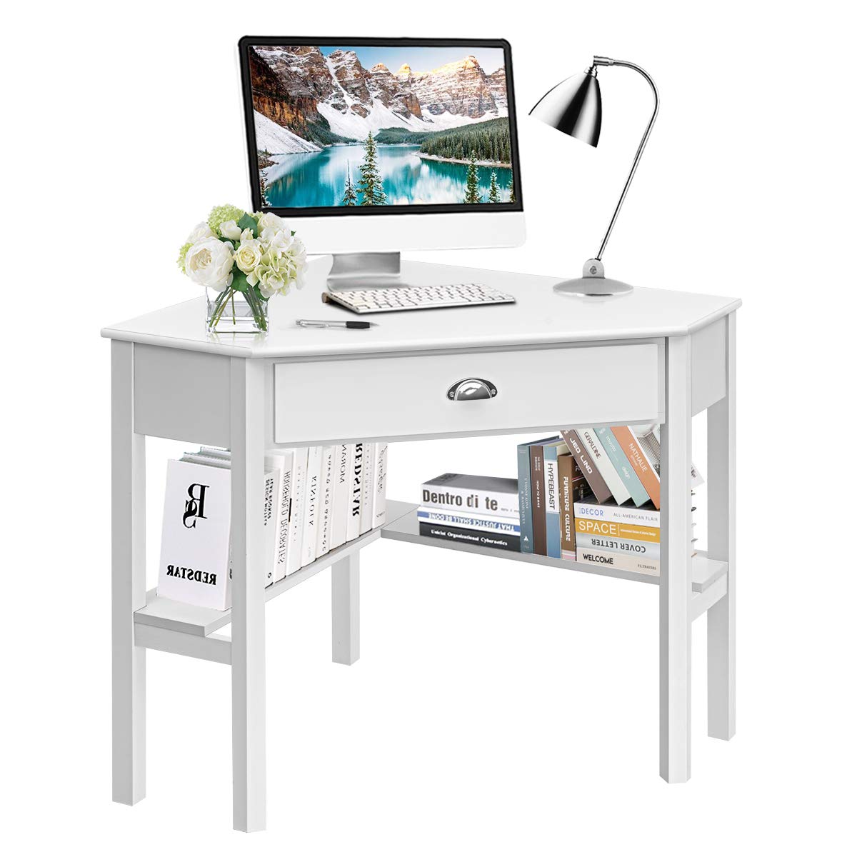 Corner Desk, Corner Computer Desk with Smooth Keyboard Tray for Small Space