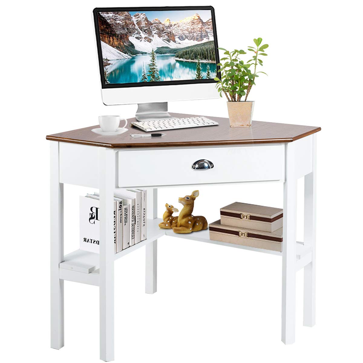 Corner Desk, Corner Computer Desk with Smooth Keyboard Tray for Small Space