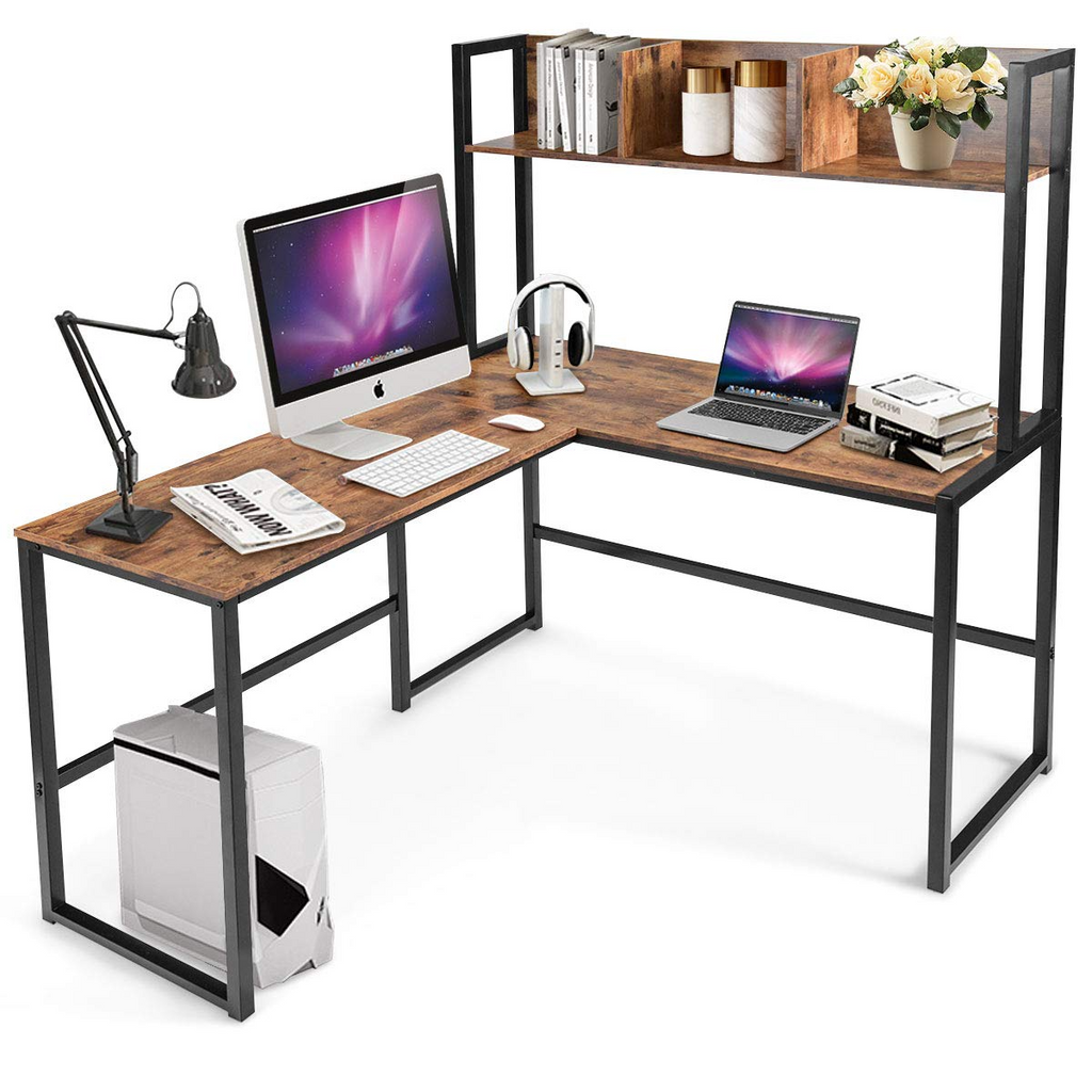 Reversible L-Shaped Desk with Hutch, Space Saving Corner Computer Desk with Storage Bookshelf