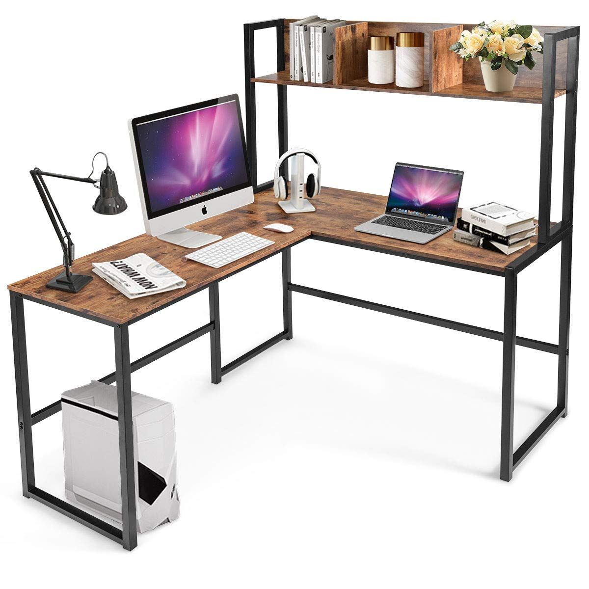 Reversible L-Shaped Desk with Hutch, Space Saving Corner Computer Desk with Storage Bookshelf
