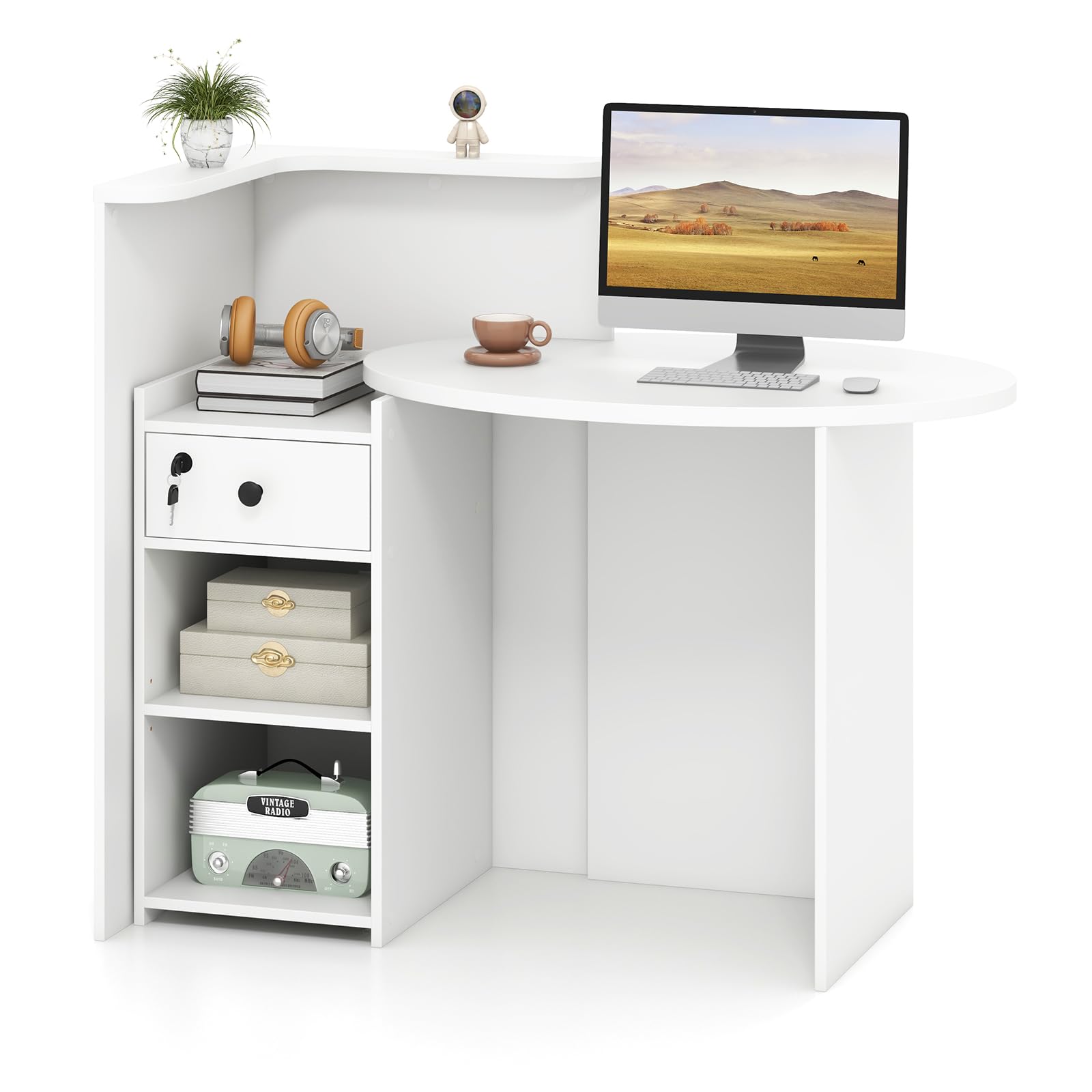Reception Desk, Front Counter Desk with Lockable Drawer & Adjustable Shelf