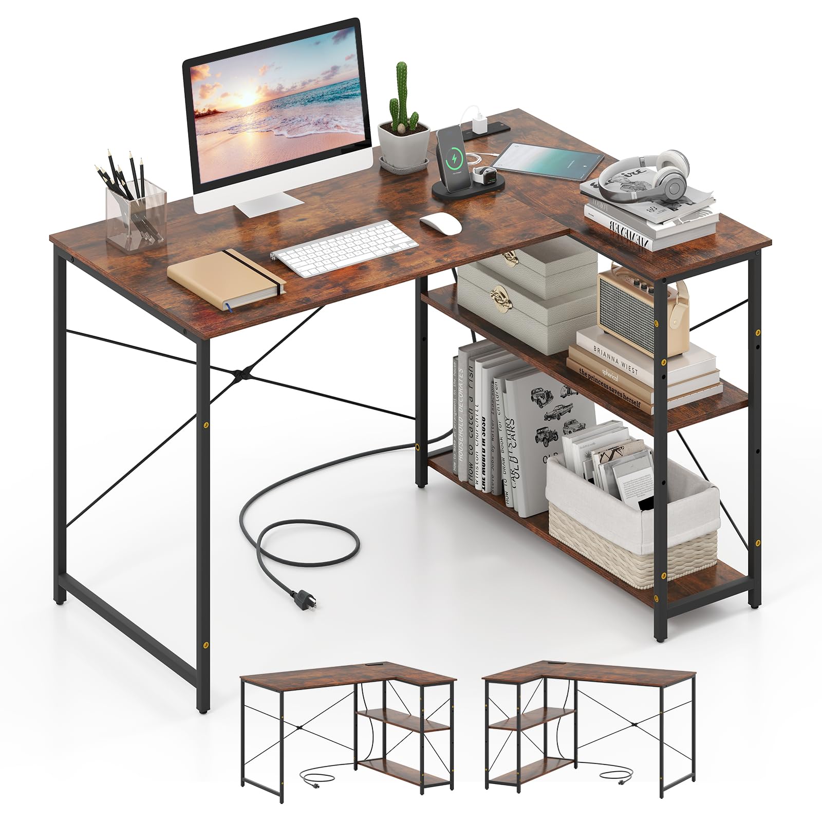 Shaped Computer Desk with Reversible Shelves