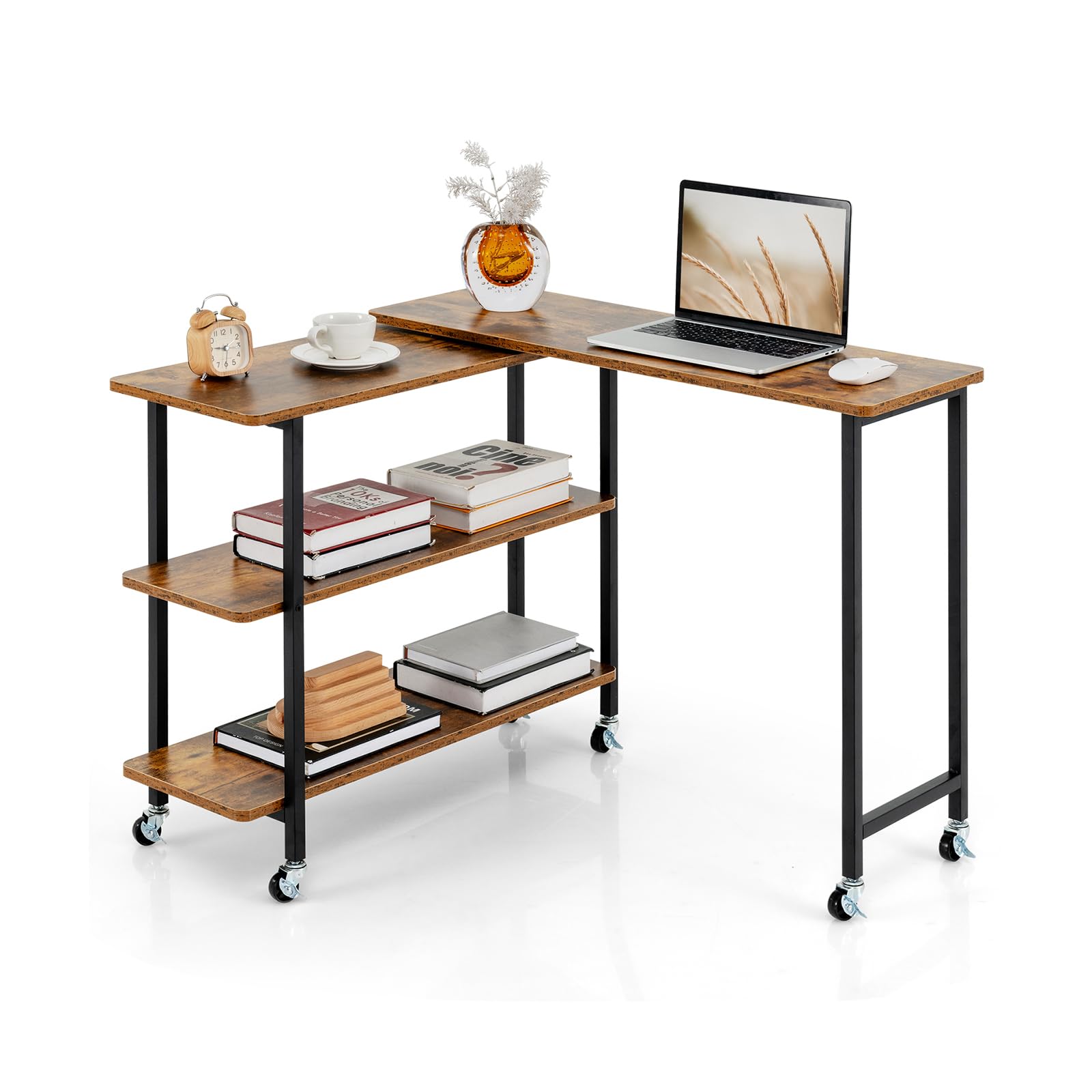 360°Rotating Sofa Side Table, Mobile End Table with 2-Tier Storage Shelves