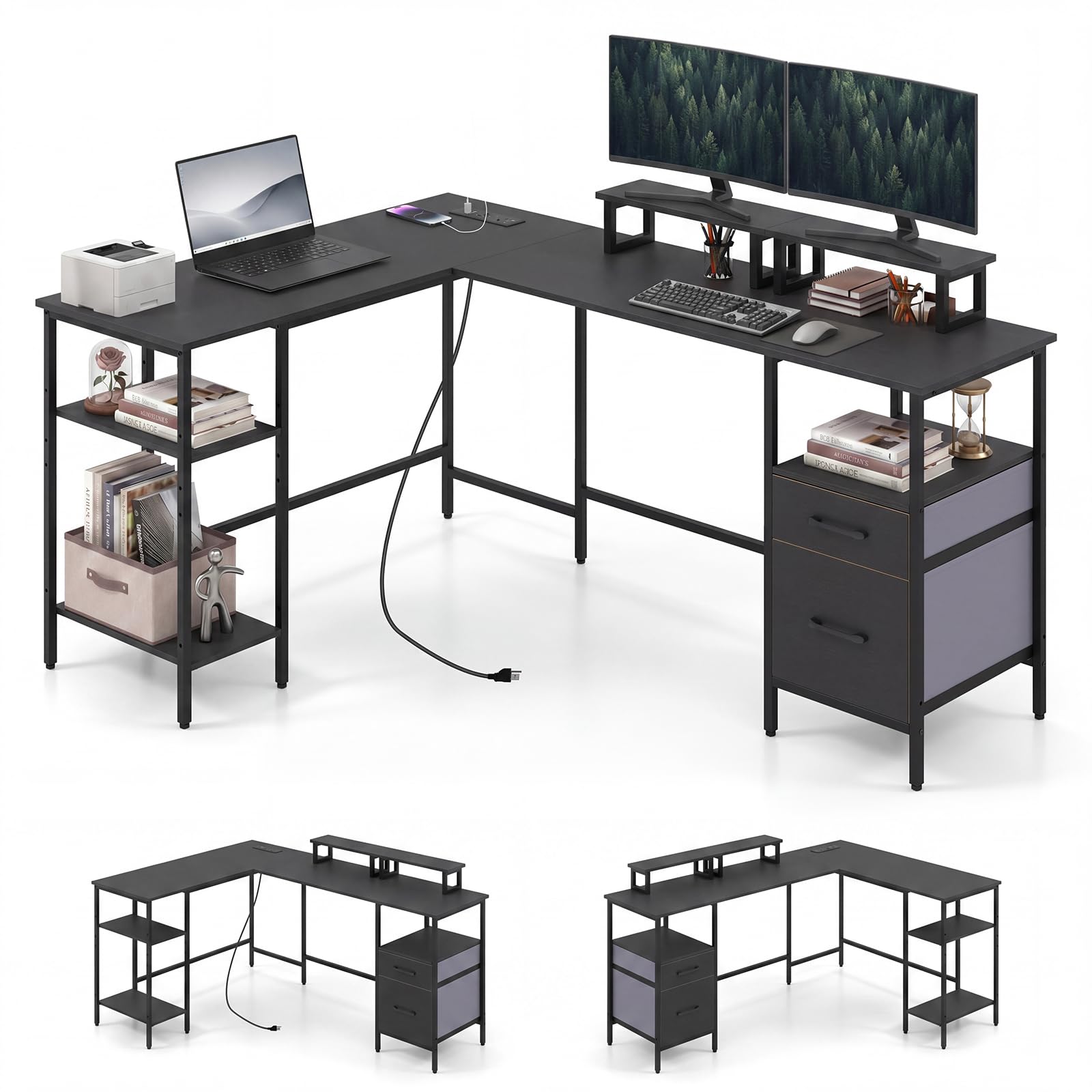 Reversible L Shaped Desk with Storage Drawers & Monitor Stand | Power Outlet