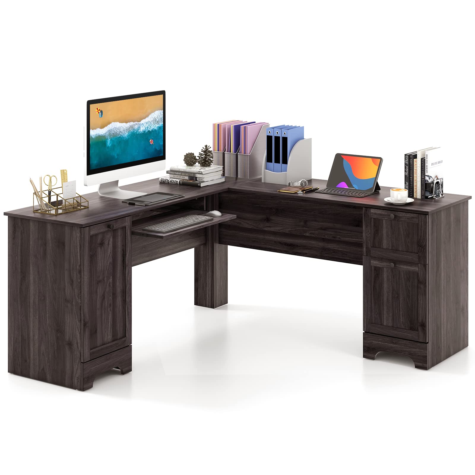 Shaped Office Desk with Storage Drawers & Keyboard Tray