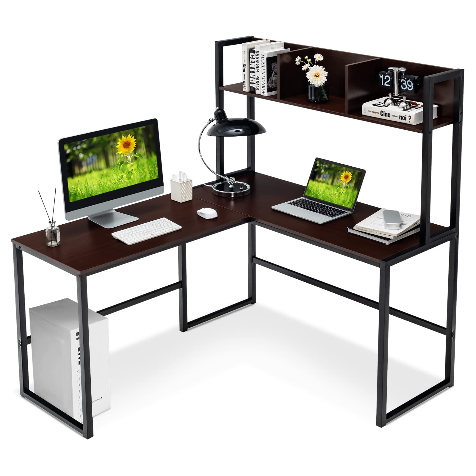 Reversible L-Shaped Desk with Hutch, Space Saving Corner Computer Desk with Storage Bookshelf