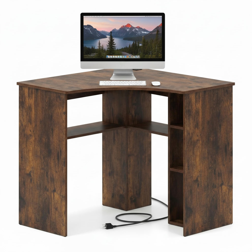 Degree Triangle Corner Desk with Charging Station & Open Storage Shelves
