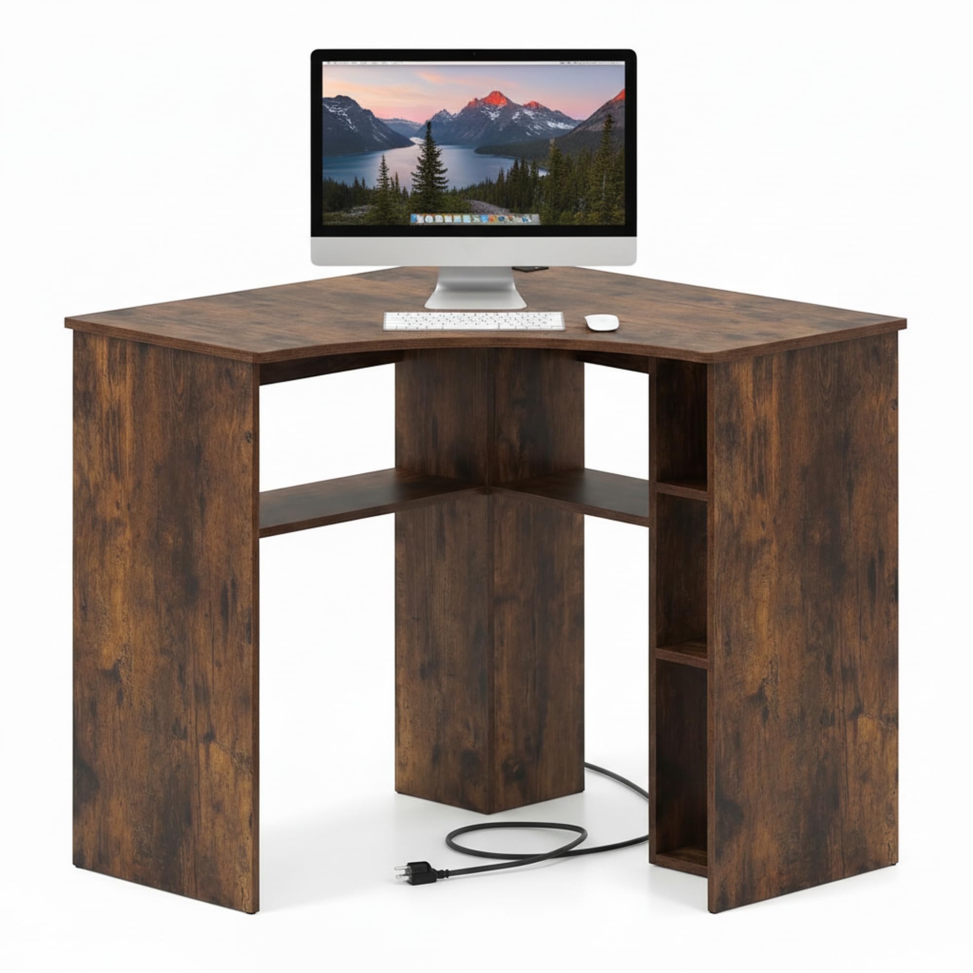 Degree Triangle Corner Desk with Charging Station & Open Storage Shelves