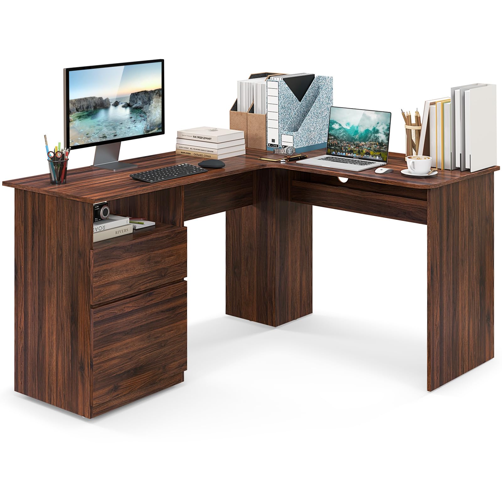 Shaped Desk with 2 Storage Drawers, 59” Corner Computer Desk with File Drawer & Open Shelf