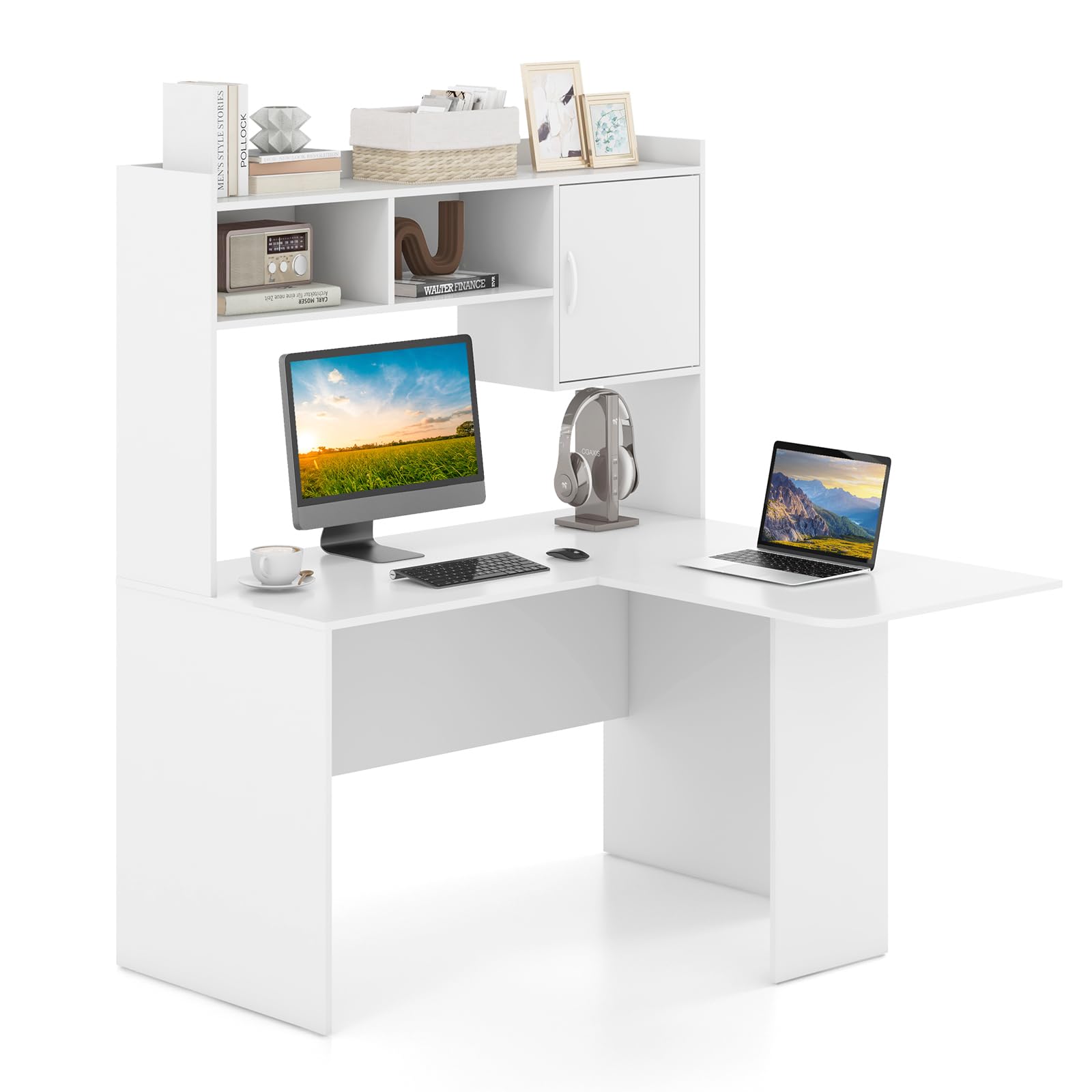 Shaped Desk with Storage Hutch, Corner Computer Desk with Shelves & Cabinet, White