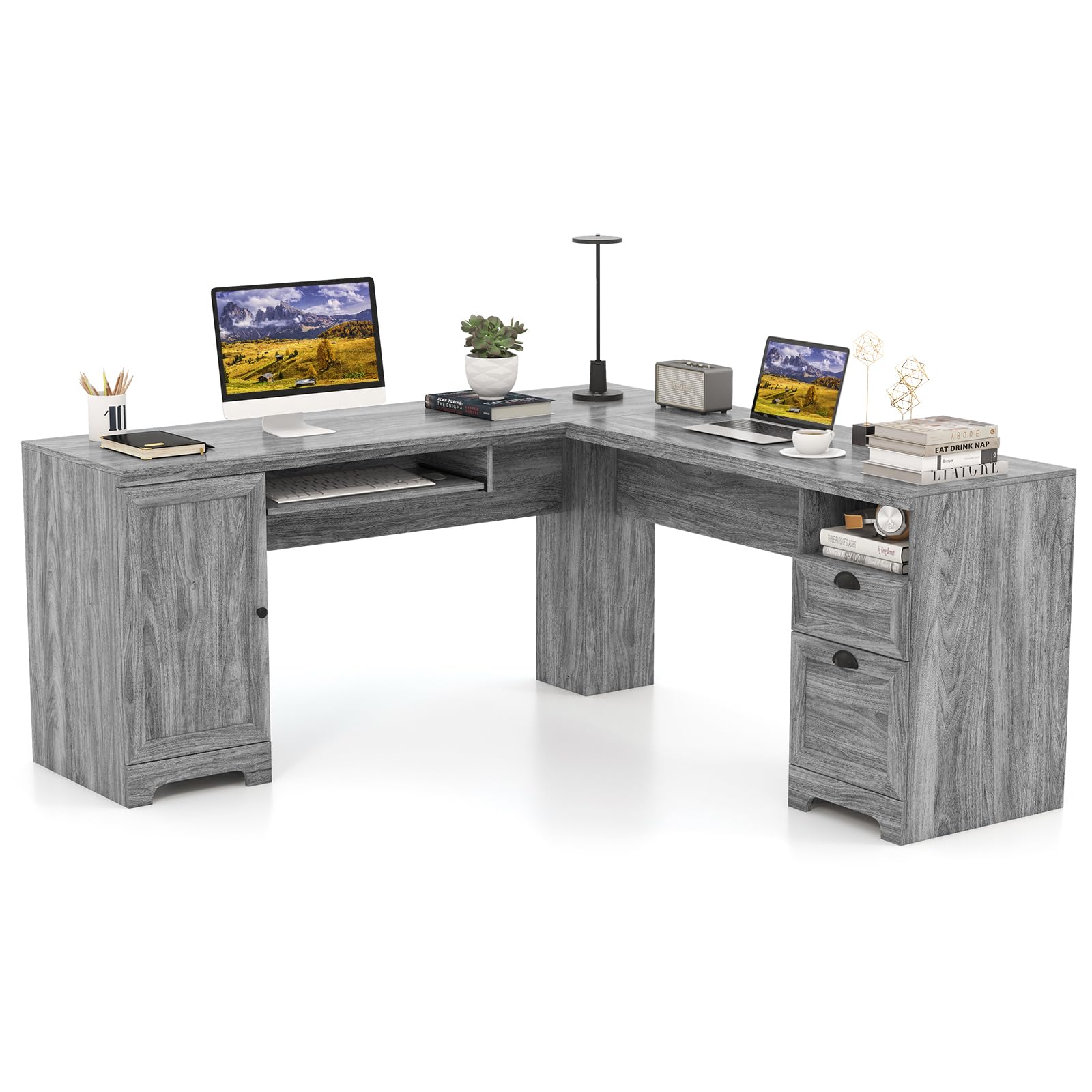 Shaped Desk, 66" x 66" Corner Computer Desk with Drawers and Storage Cabinet