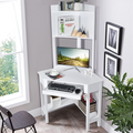 White Corner Desk with Hutch, 90 Degrees Triangle Corner Computer Desk