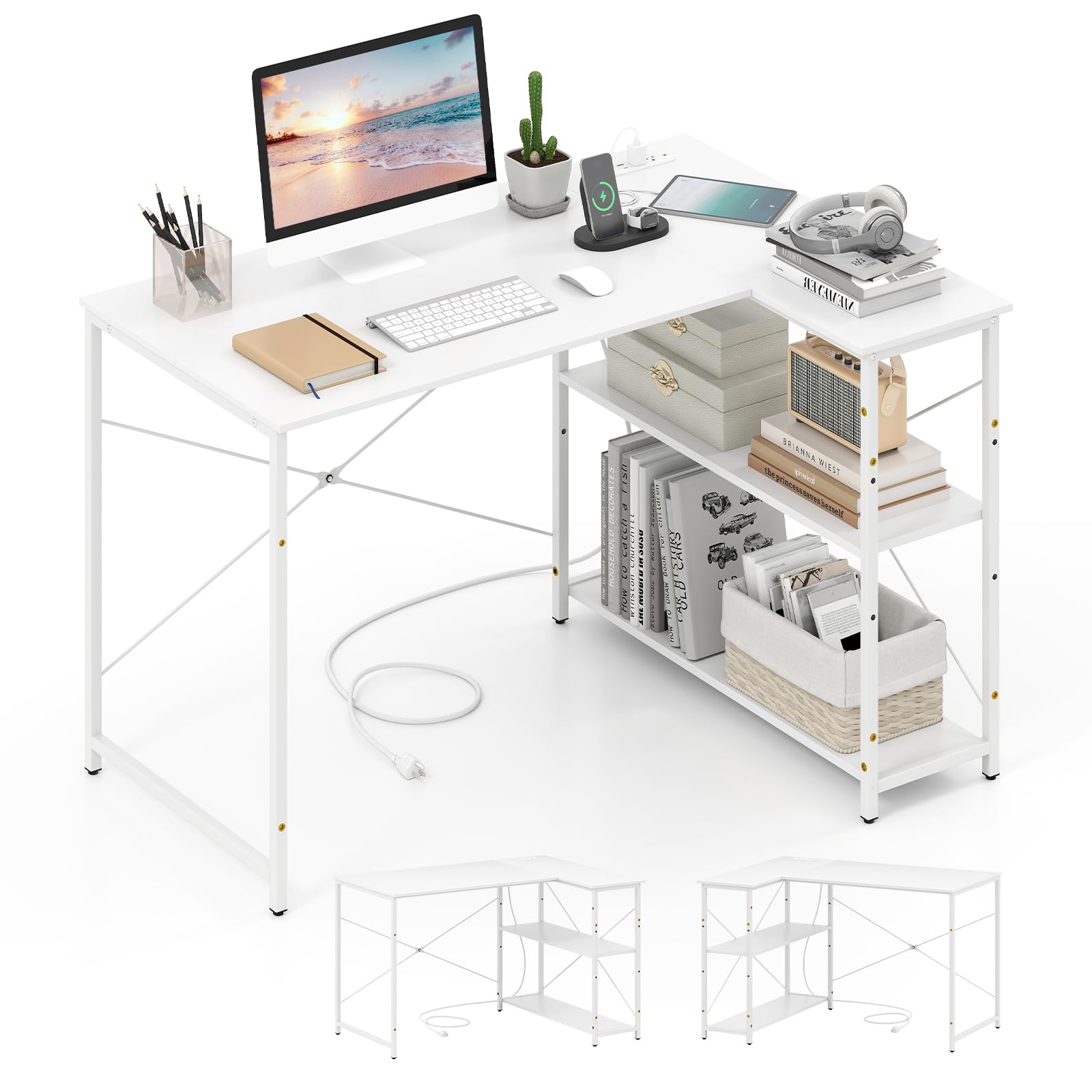 Shaped Computer Desk with Reversible Shelves