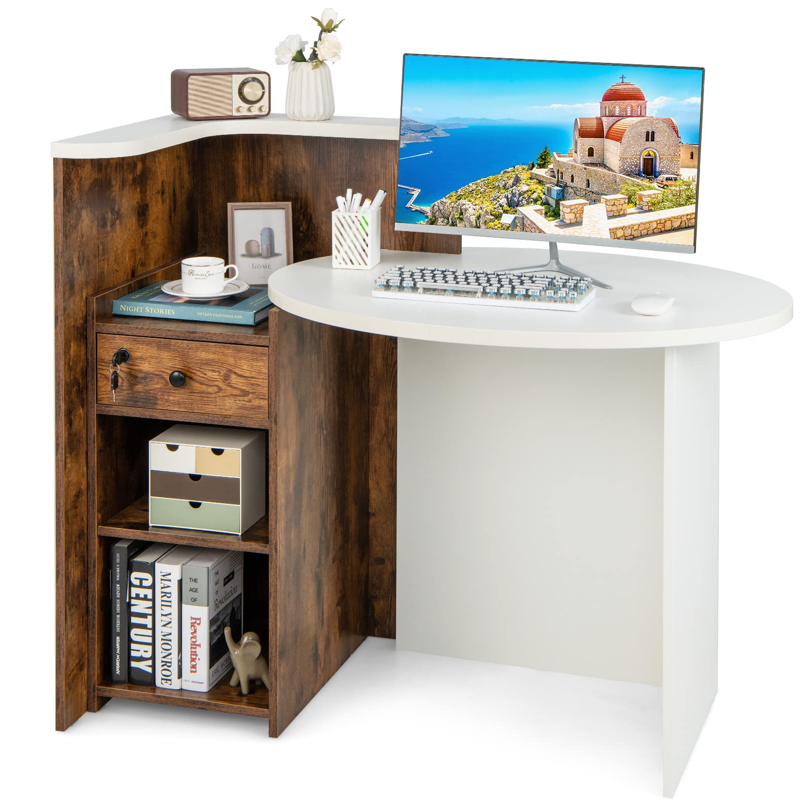 Reception Desk, Front Counter Desk with Lockable Drawer & Adjustable Shelf
