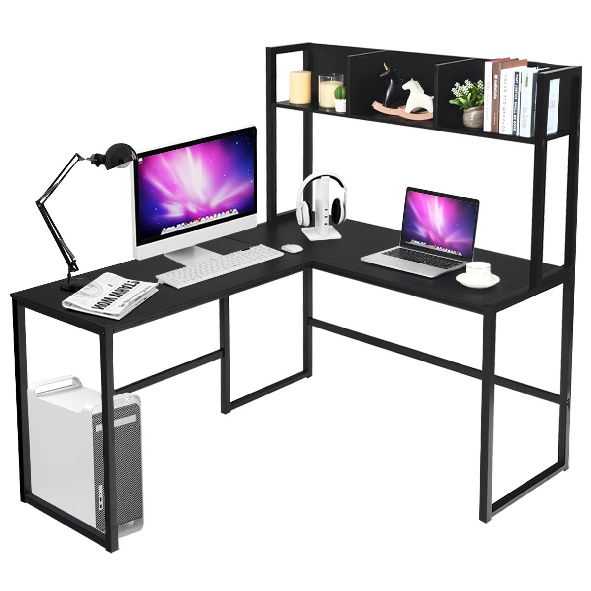 Reversible L-Shaped Desk with Hutch, Space Saving Corner Computer Desk with Storage Bookshelf
