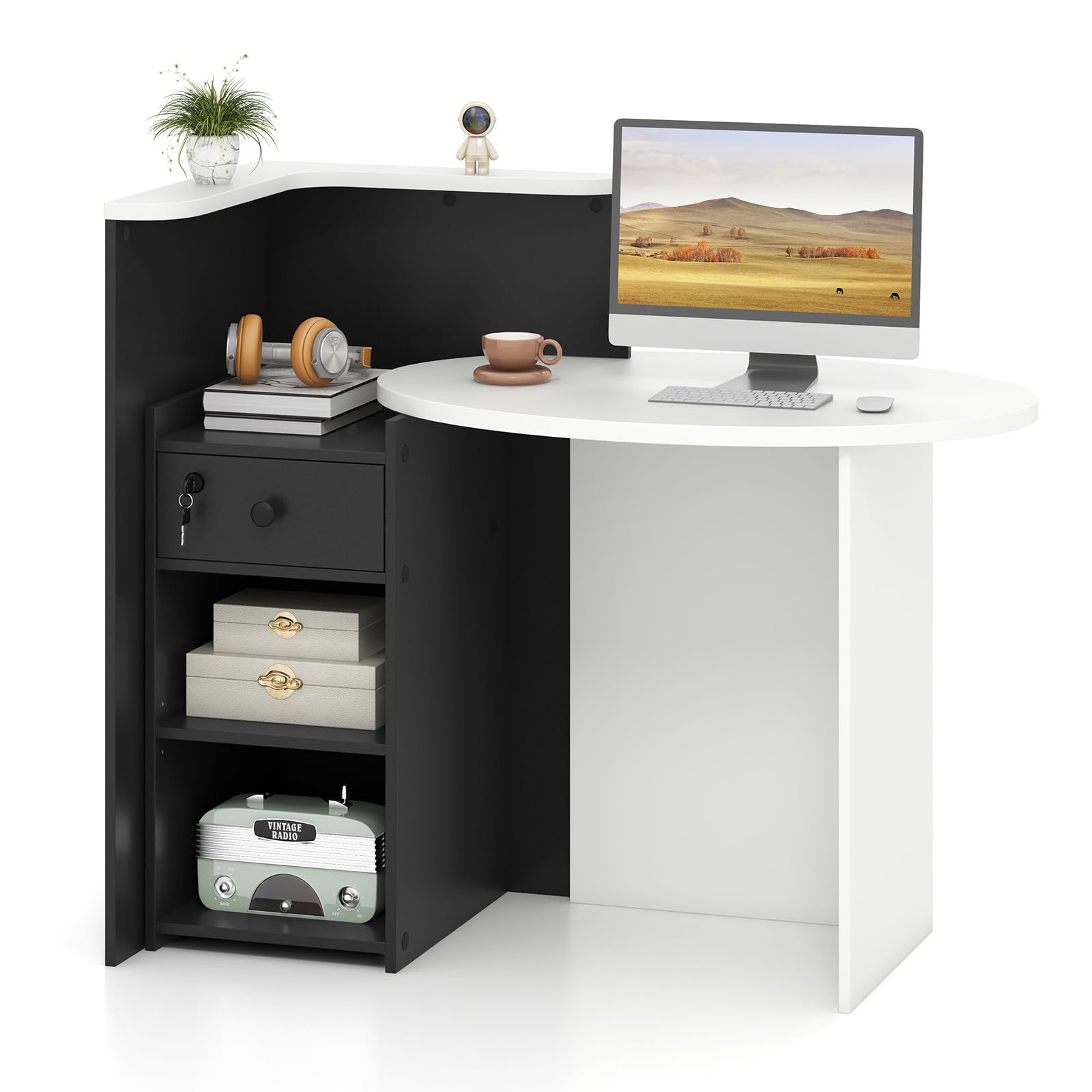 Reception Desk, Front Counter Desk with Lockable Drawer & Adjustable Shelf