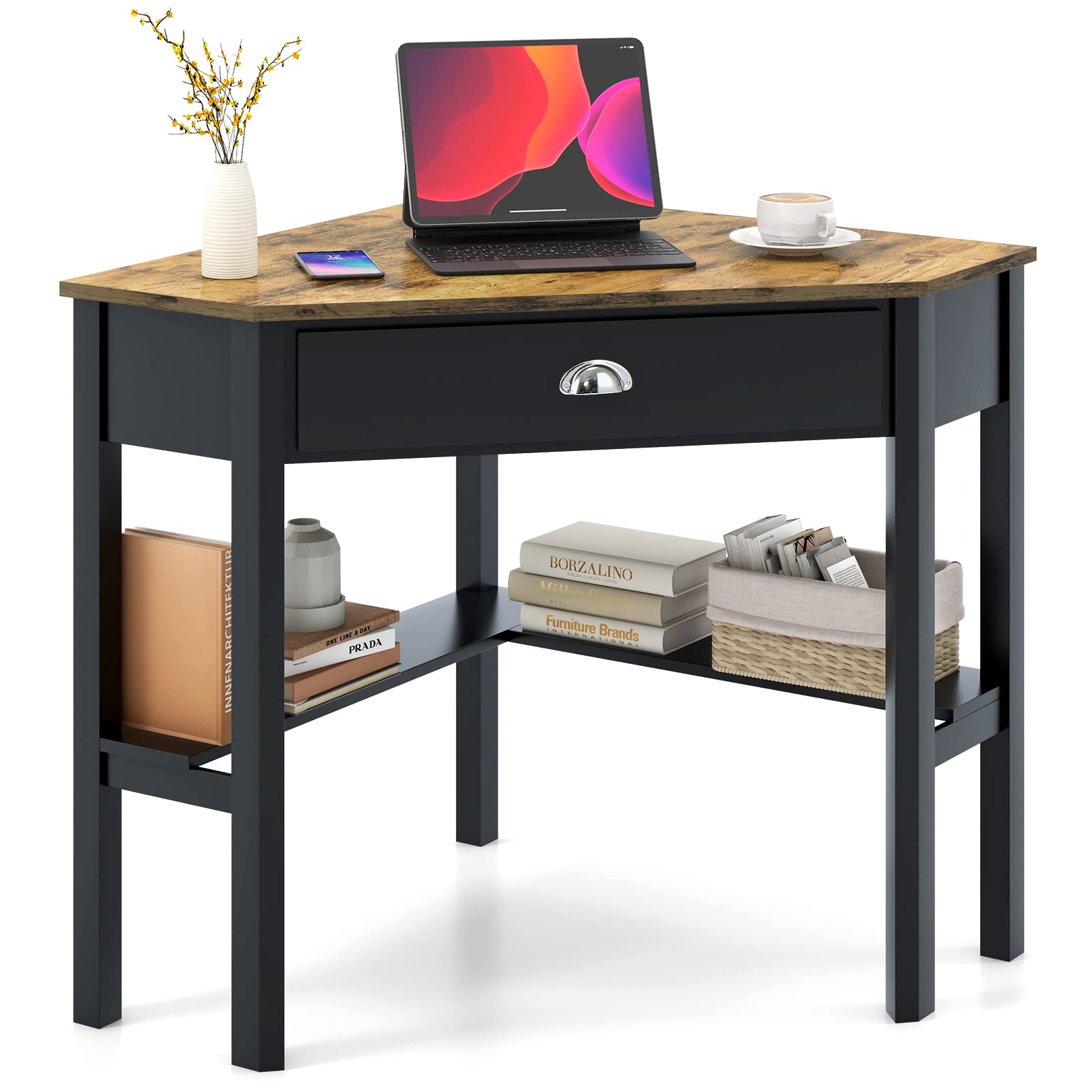 Corner Desk, Corner Computer Desk with Smooth Keyboard Tray for Small Space