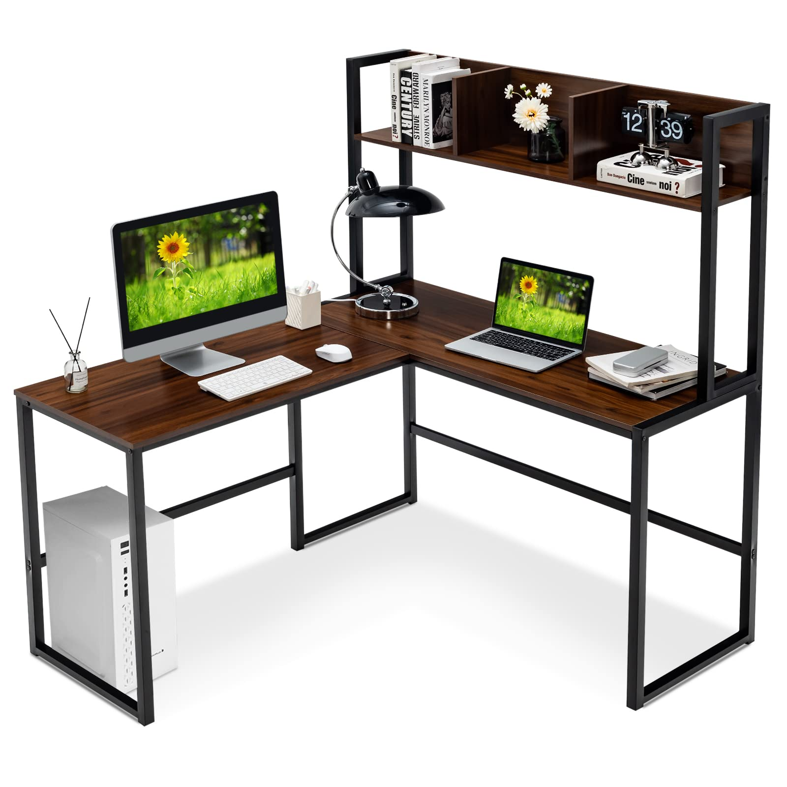 Reversible L-Shaped Desk with Hutch, Space Saving Corner Computer Desk with Storage Bookshelf