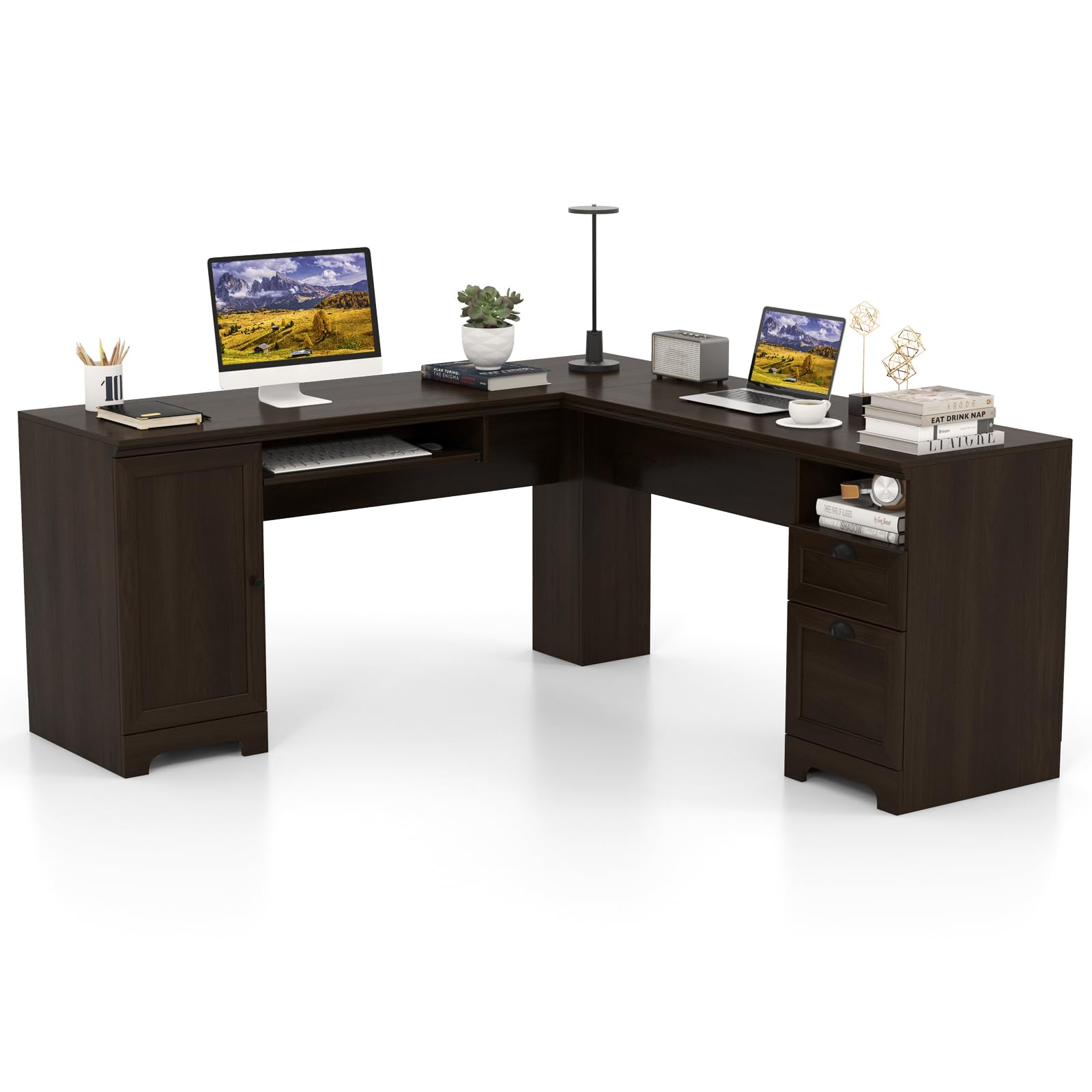 Shaped Desk, 66" x 66" Corner Computer Desk with Drawers and Storage Cabinet