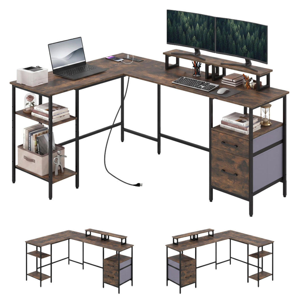Reversible L Shaped Desk with Storage Drawers & Monitor Stand | Power Outlet