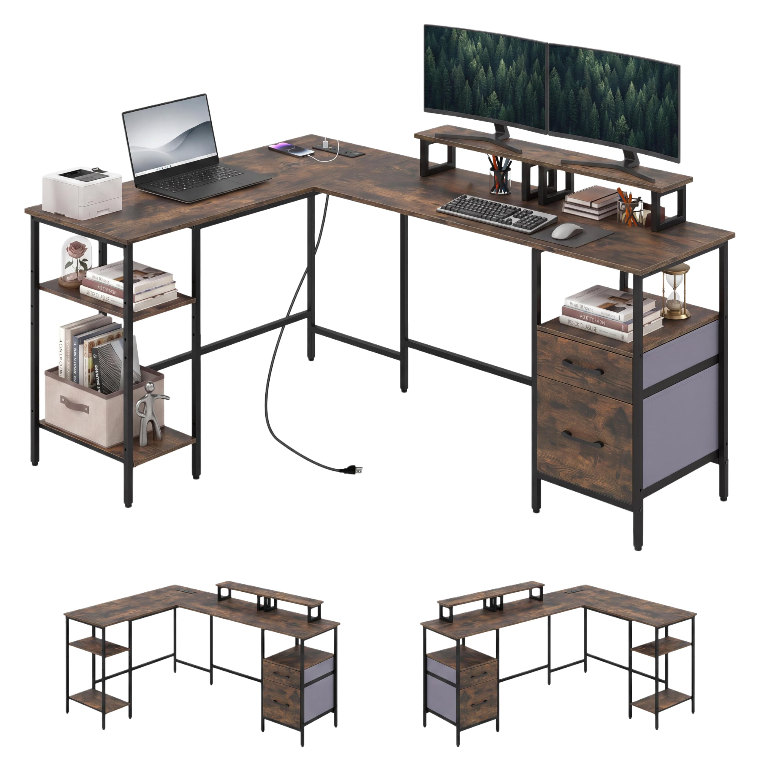 Reversible L Shaped Desk with Storage Drawers & Monitor Stand | Power Outlet