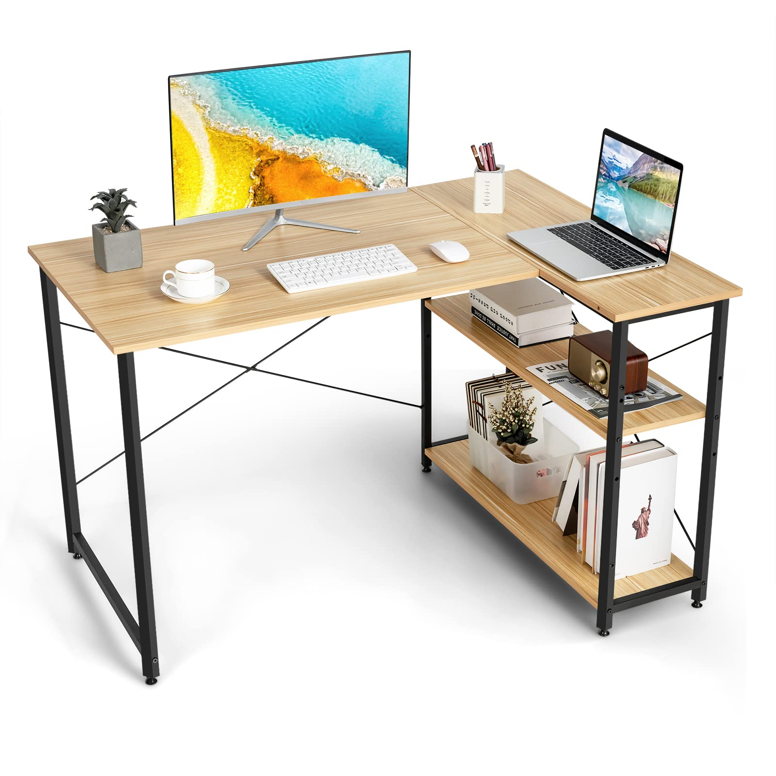 Shaped Computer Desk with Reversible Shelves