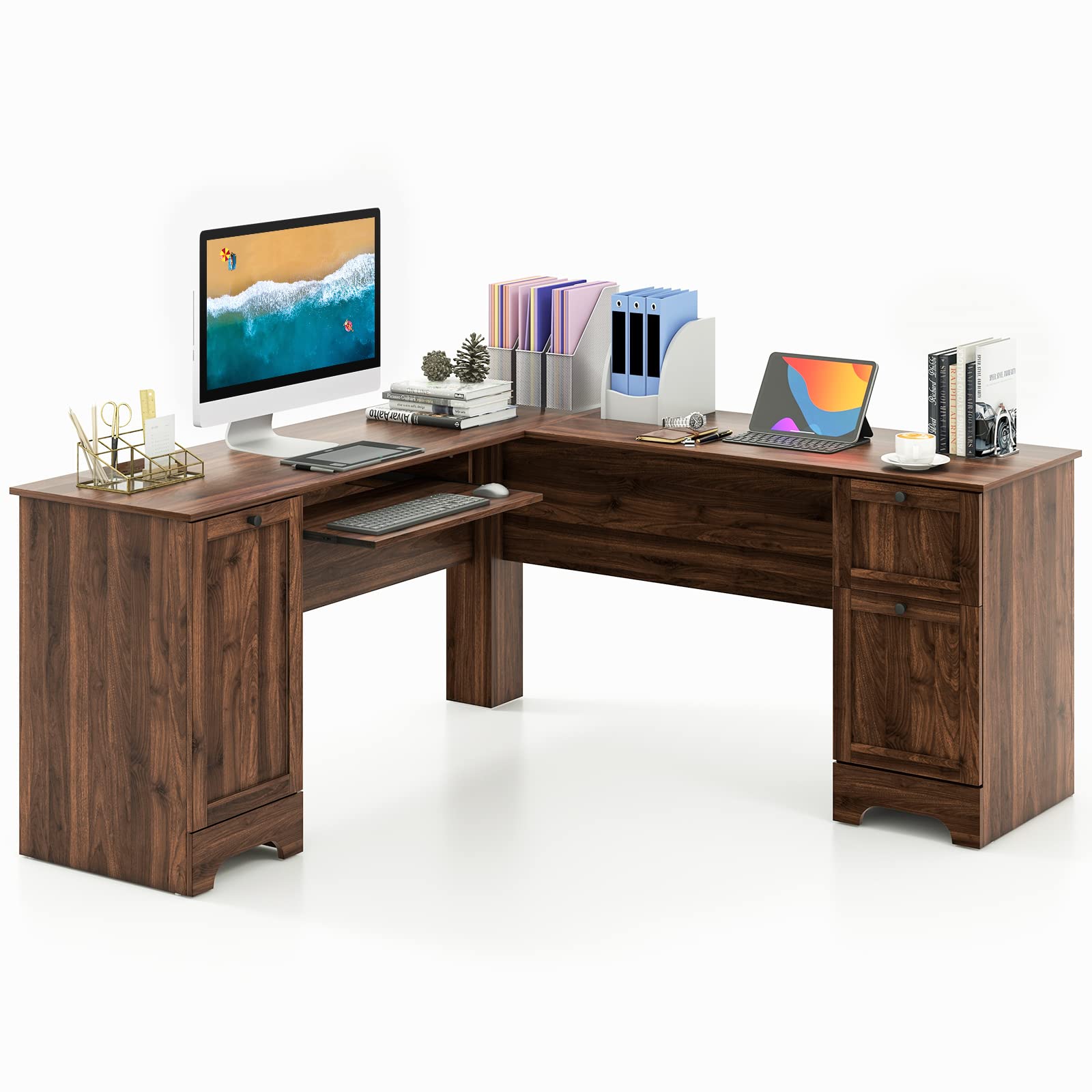Shaped Office Desk with Storage Drawers & Keyboard Tray
