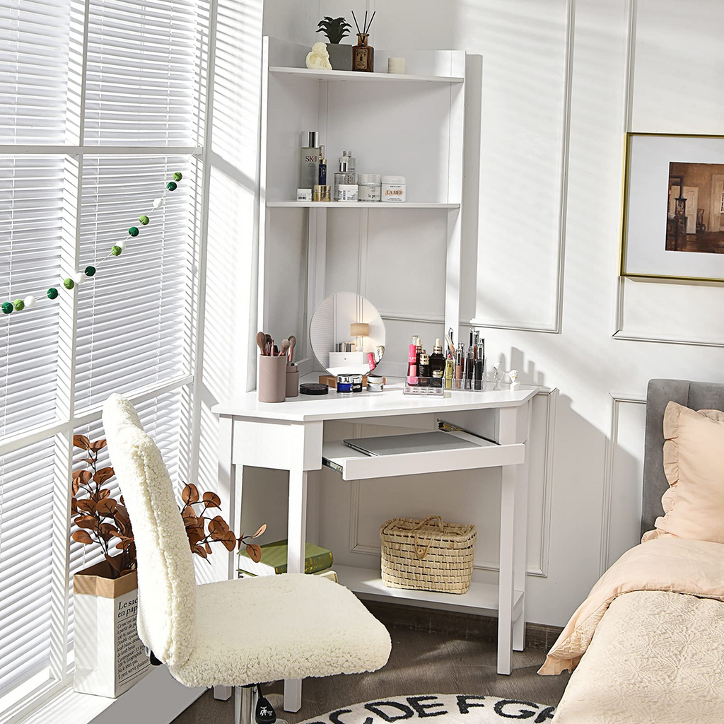 White Corner Desk with Hutch, 90 Degrees Triangle Corner Computer Desk