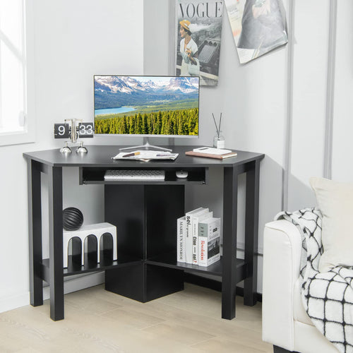 Corner Desk, Corner Computer Desk with Smooth Keyboard Tray for Small Space