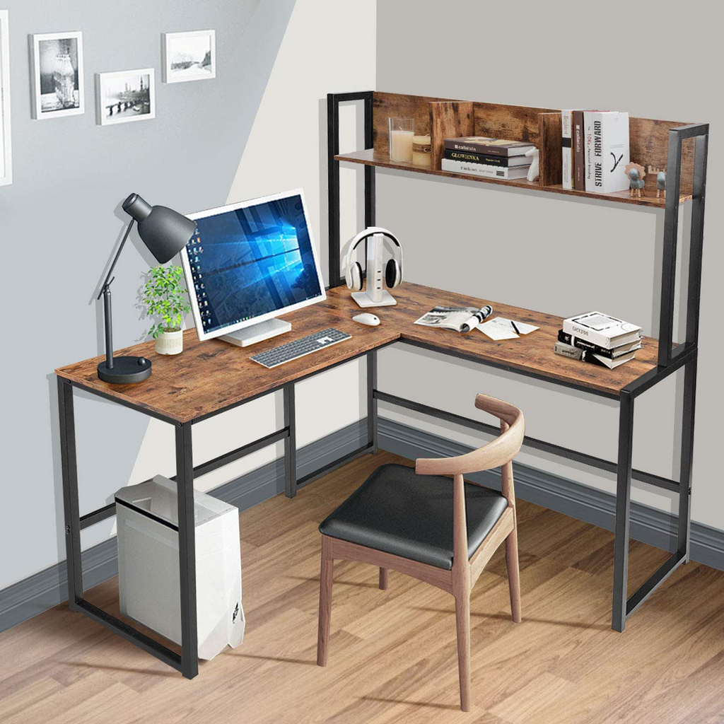 Reversible L-Shaped Desk with Hutch, Space Saving Corner Computer Desk with Storage Bookshelf