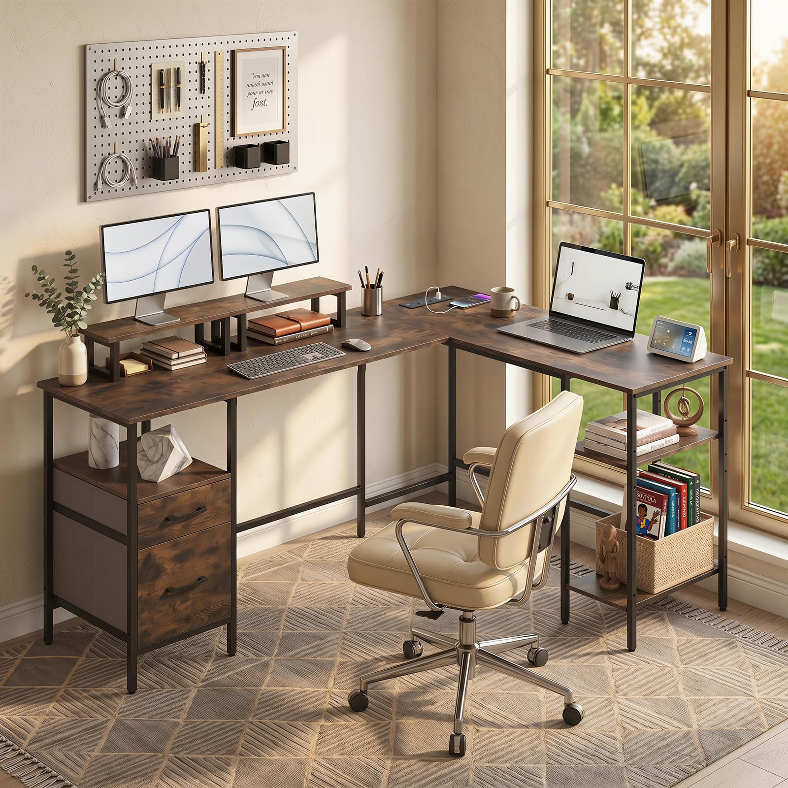 Reversible L Shaped Desk with Storage Drawers & Monitor Stand | Power Outlet