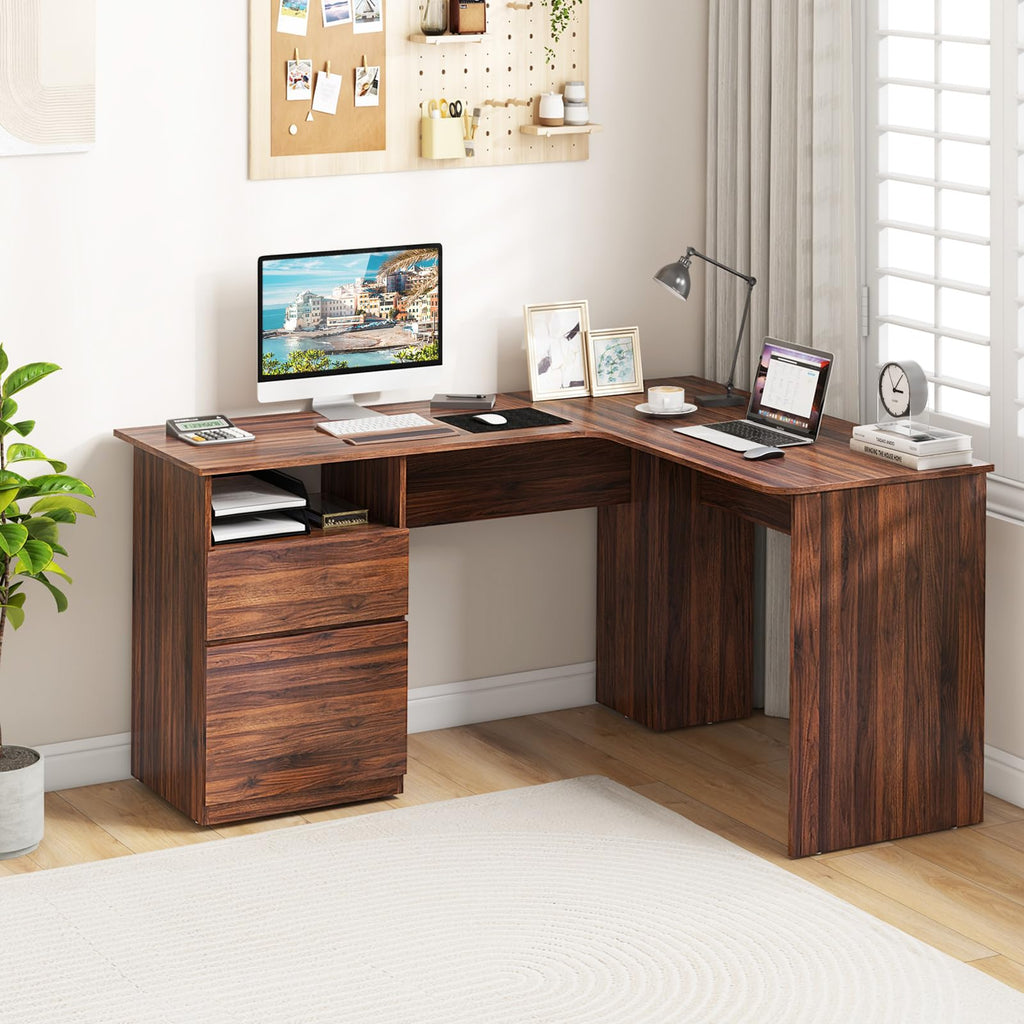 Shaped Desk with 2 Storage Drawers, 59” Corner Computer Desk with File Drawer & Open Shelf