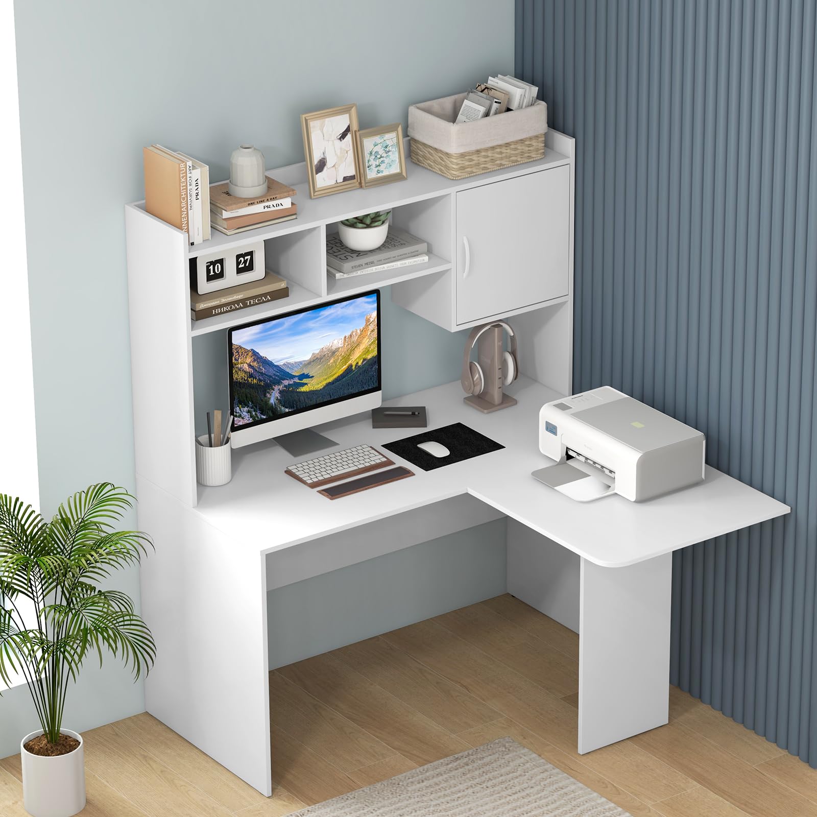 Shaped Desk with Storage Hutch, Corner Computer Desk with Shelves & Cabinet, White