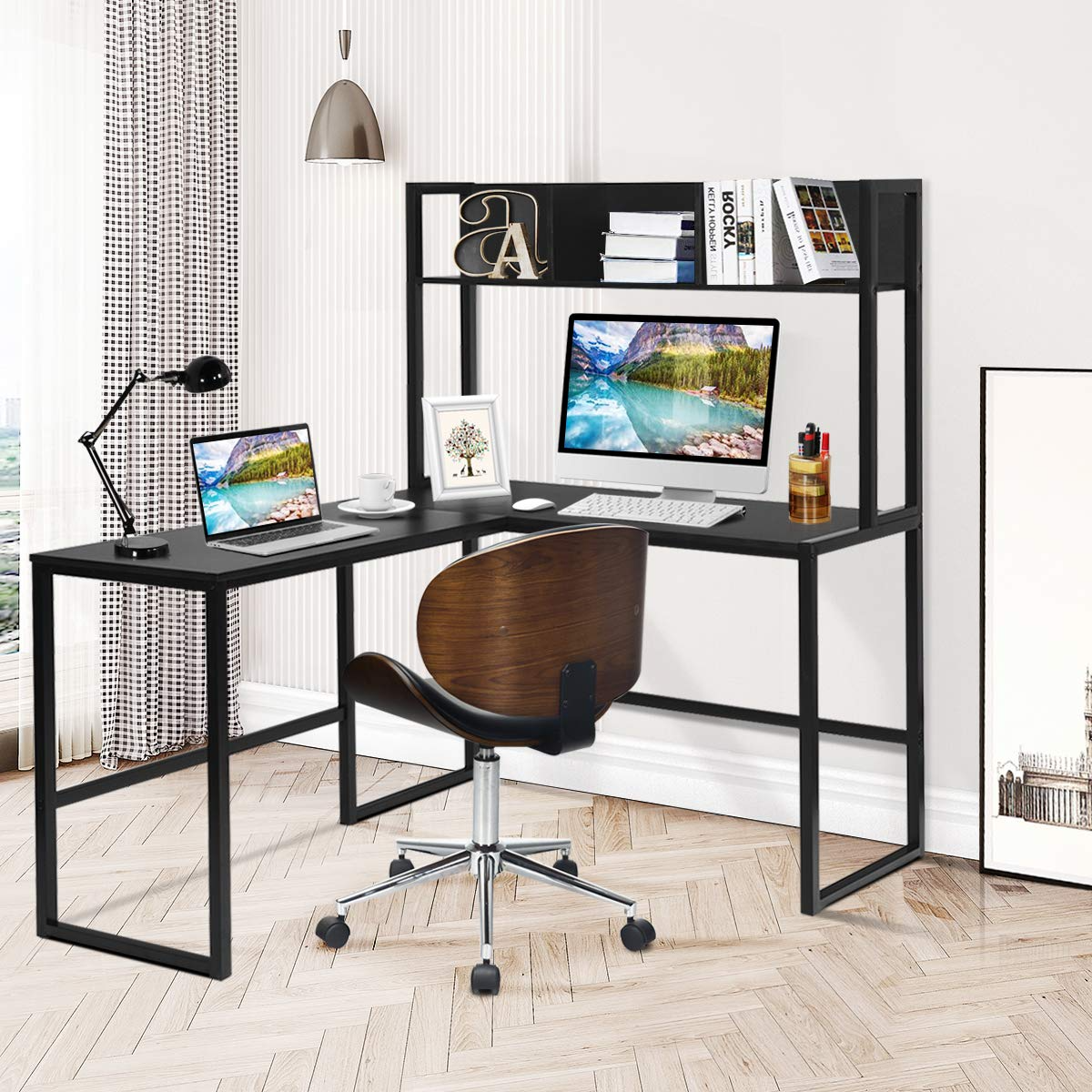 Reversible L-Shaped Desk with Hutch, Space Saving Corner Computer Desk with Storage Bookshelf