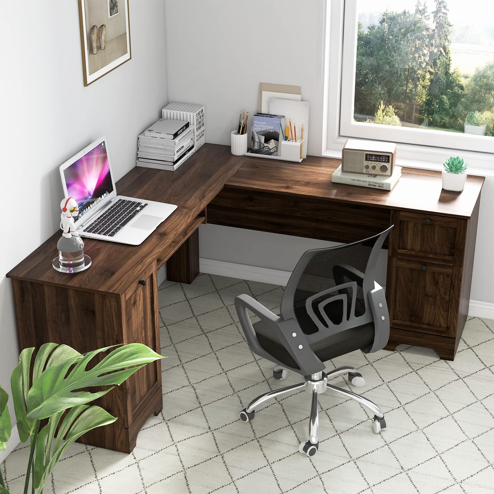 Shaped Office Desk with Storage Drawers & Keyboard Tray