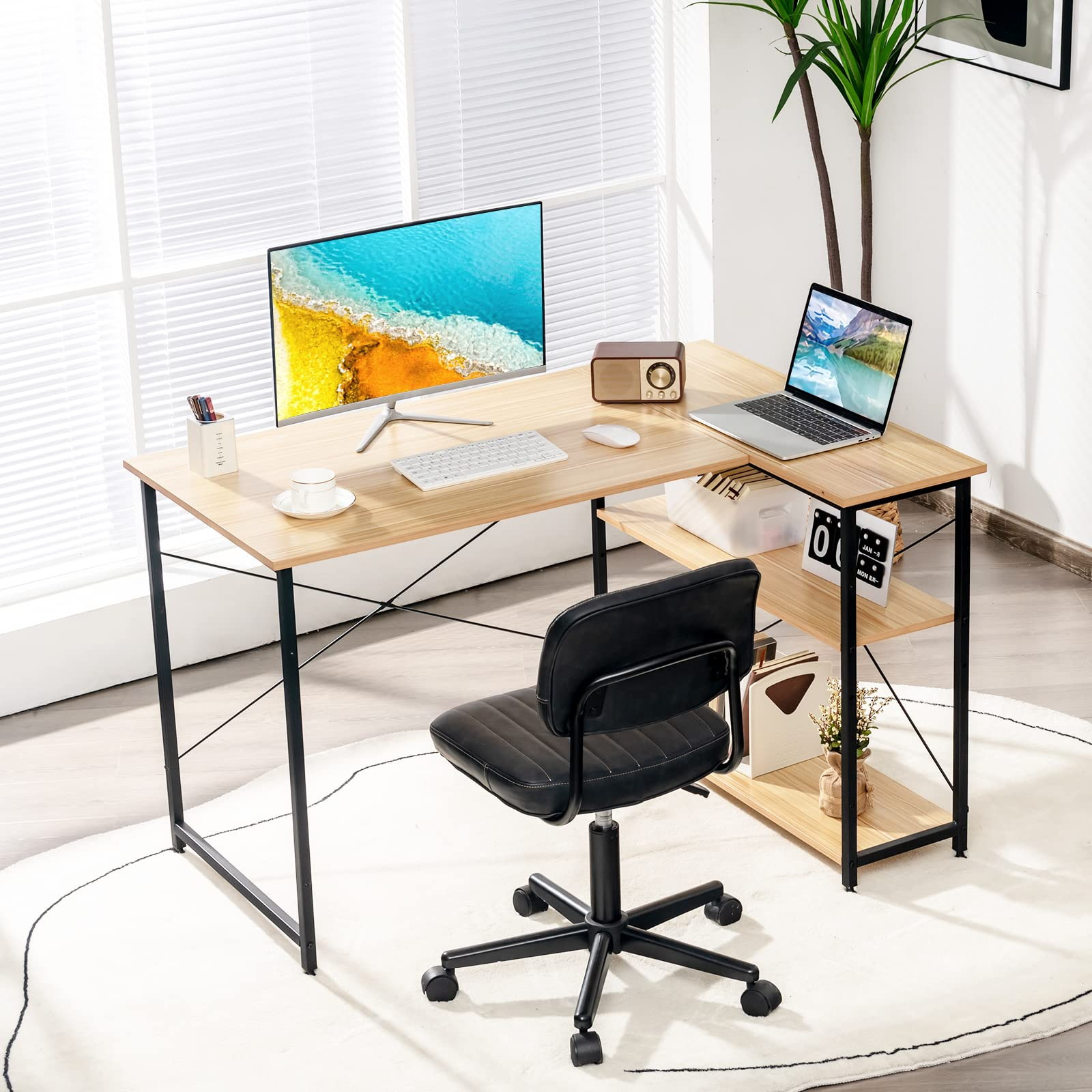 Shaped Computer Desk with Reversible Shelves
