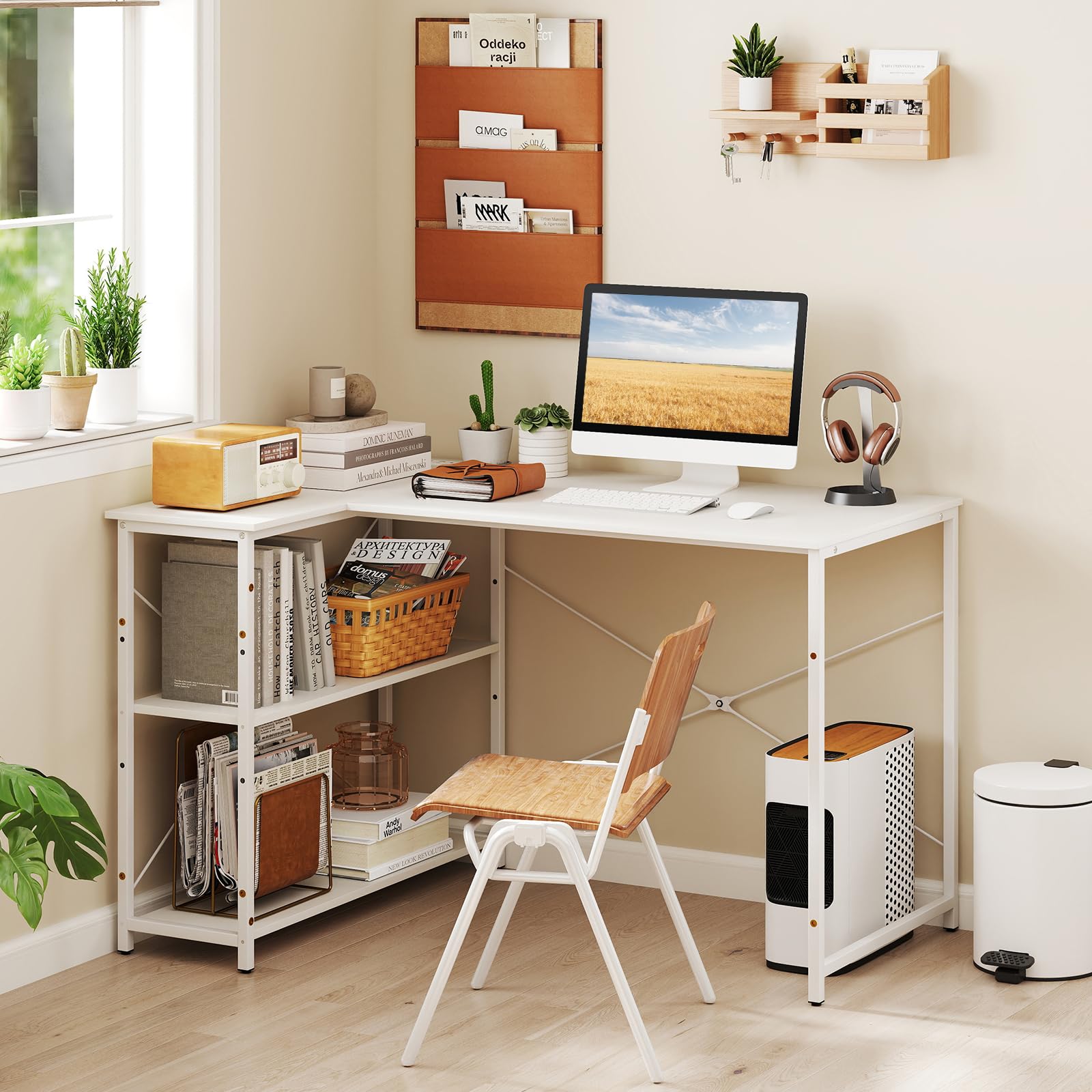 Shaped Computer Desk with Reversible Shelves