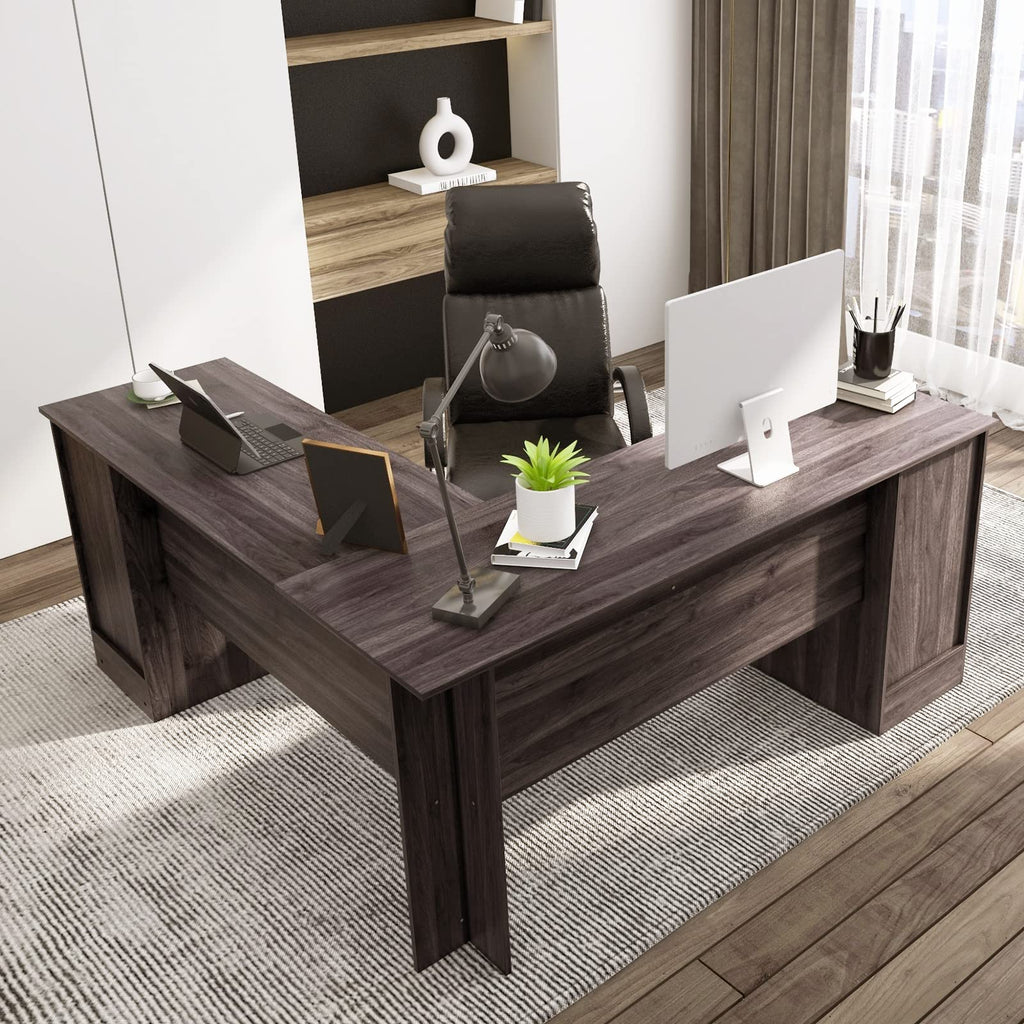 Shaped Office Desk with Storage Drawers & Keyboard Tray