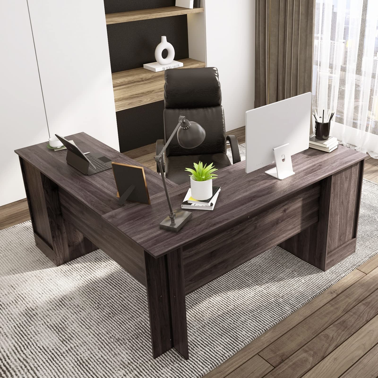 Shaped Office Desk with Storage Drawers & Keyboard Tray