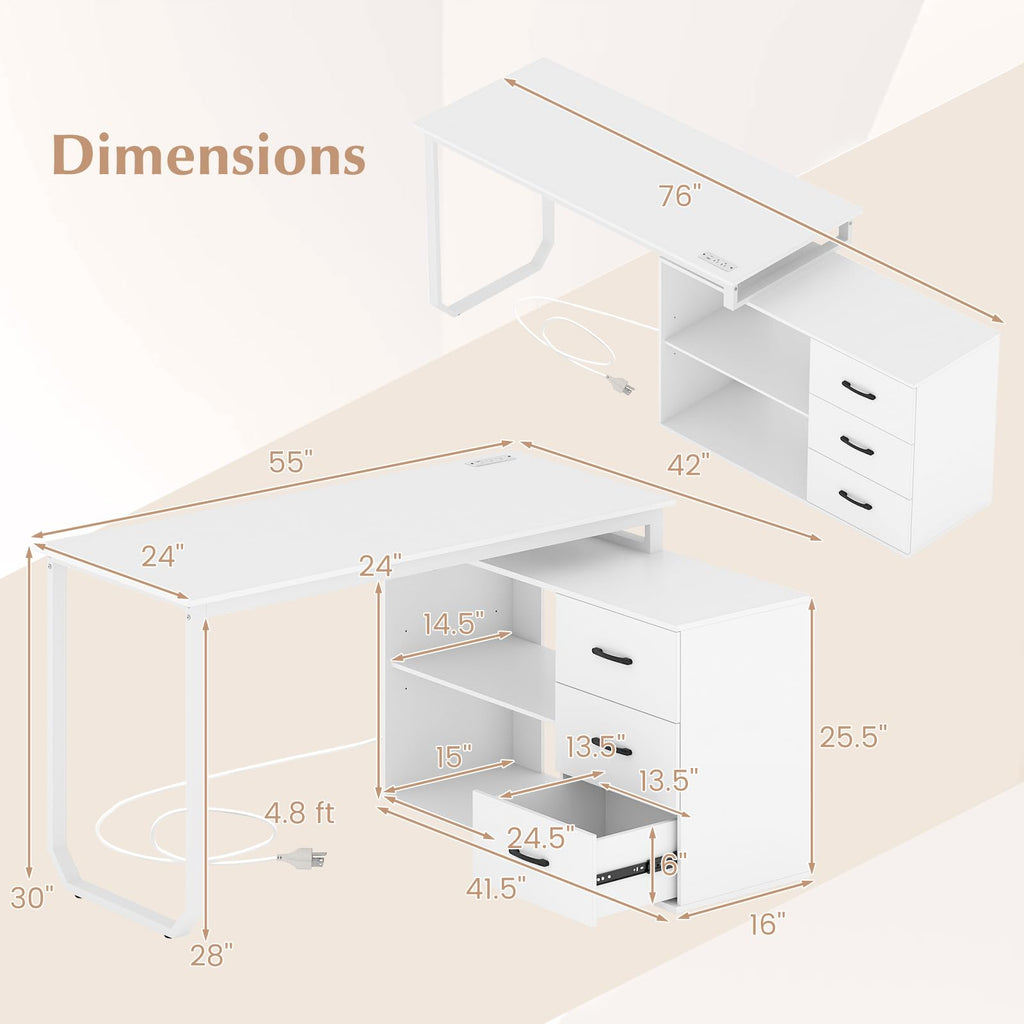 Reversible L Shaped Desk with 3 Drawers