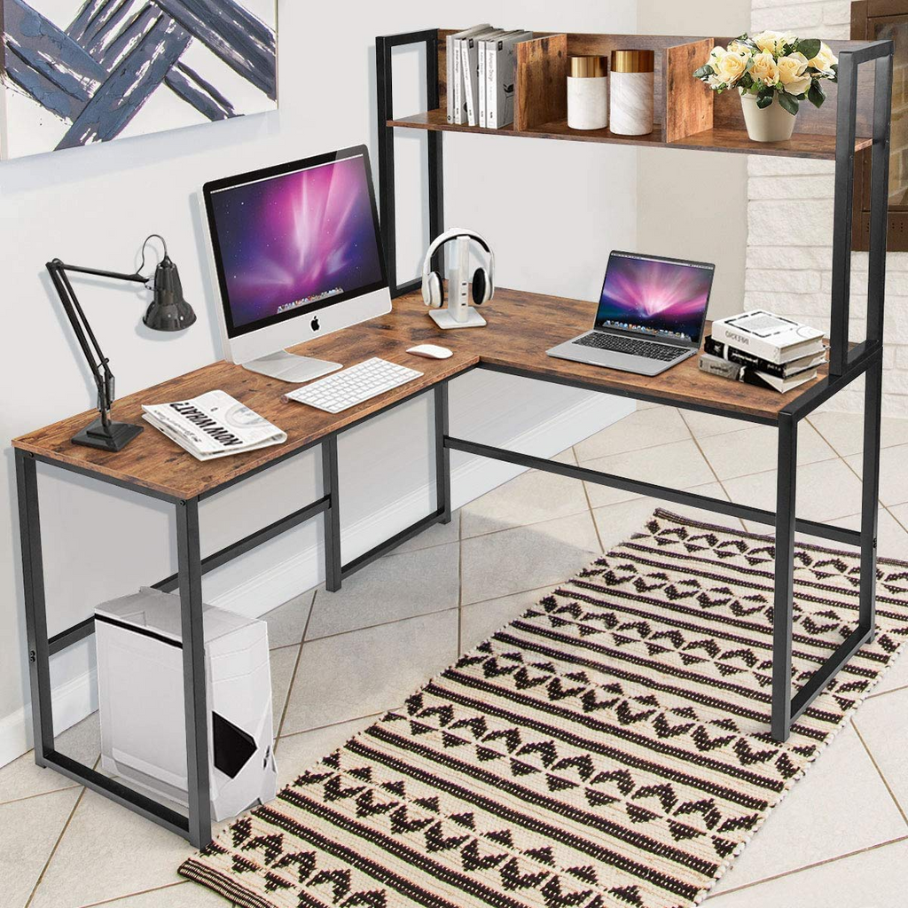Reversible L-Shaped Desk with Hutch, Space Saving Corner Computer Desk with Storage Bookshelf