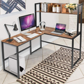 Reversible L-Shaped Desk with Hutch, Space Saving Corner Computer Desk with Storage Bookshelf