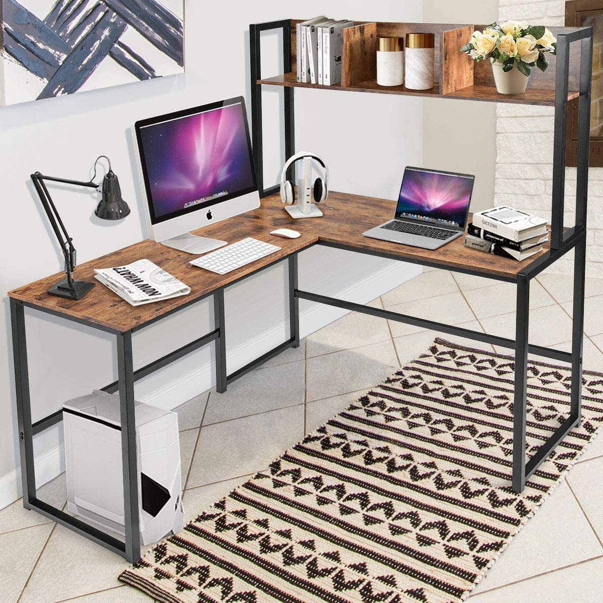 Reversible L-Shaped Desk with Hutch, Space Saving Corner Computer Desk with Storage Bookshelf