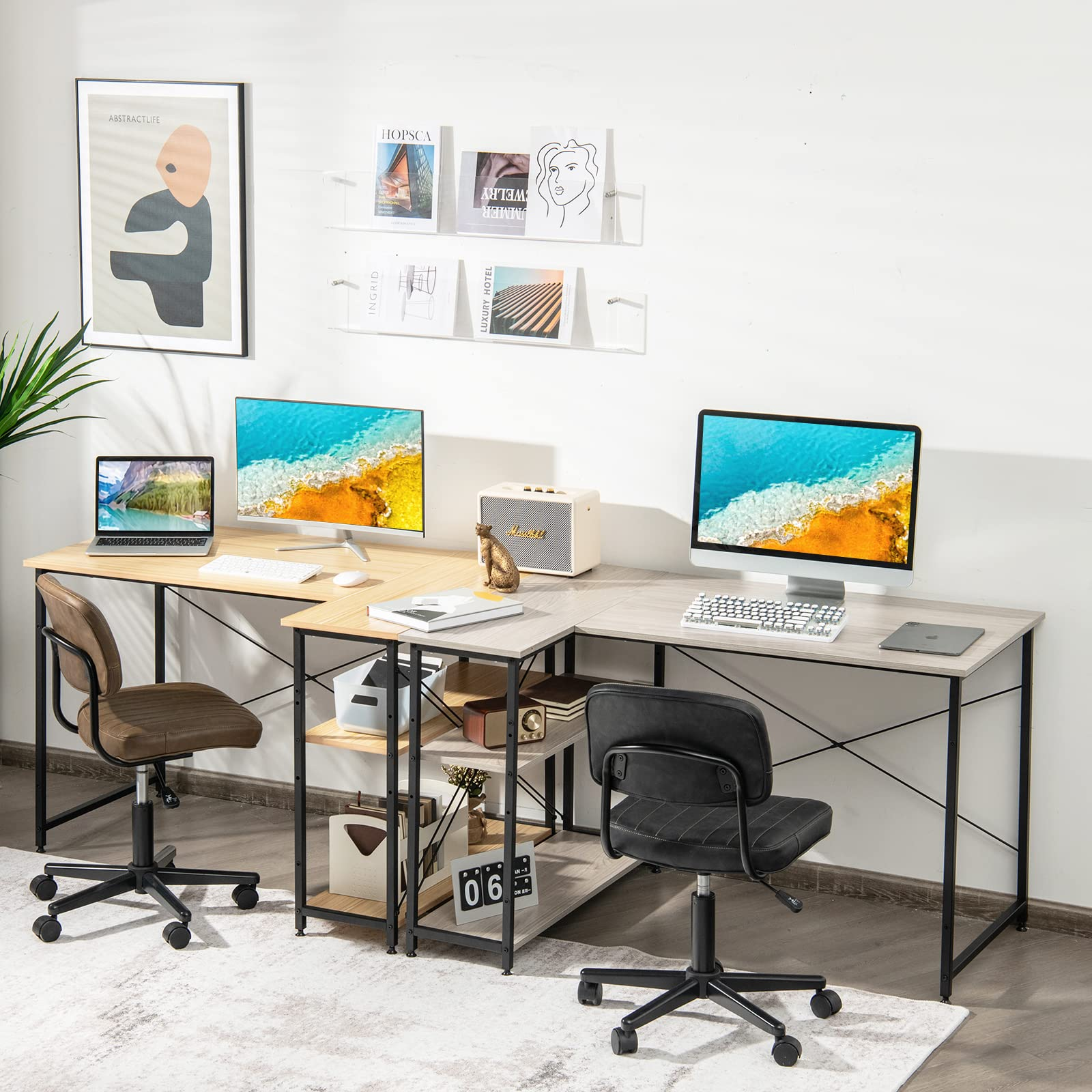 Shaped Computer Desk with Reversible Shelves