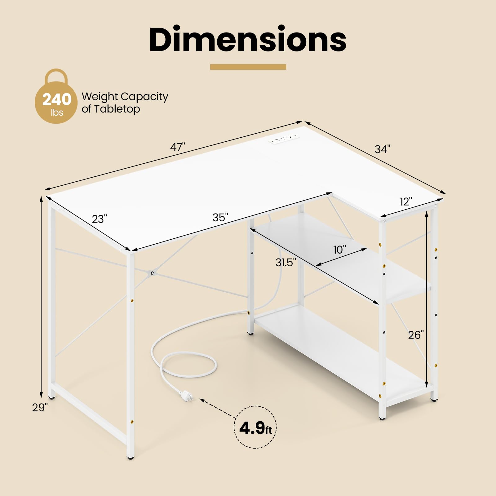 Shaped Computer Desk with Reversible Shelves