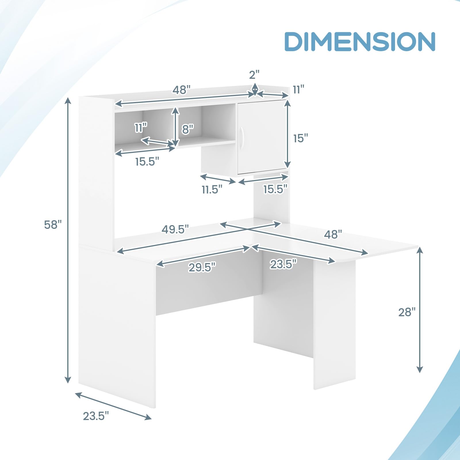 Shaped Desk with Storage Hutch, Corner Computer Desk with Shelves & Cabinet, White