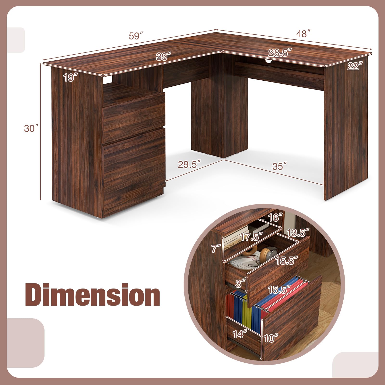 Shaped Desk with 2 Storage Drawers, 59” Corner Computer Desk with File Drawer & Open Shelf