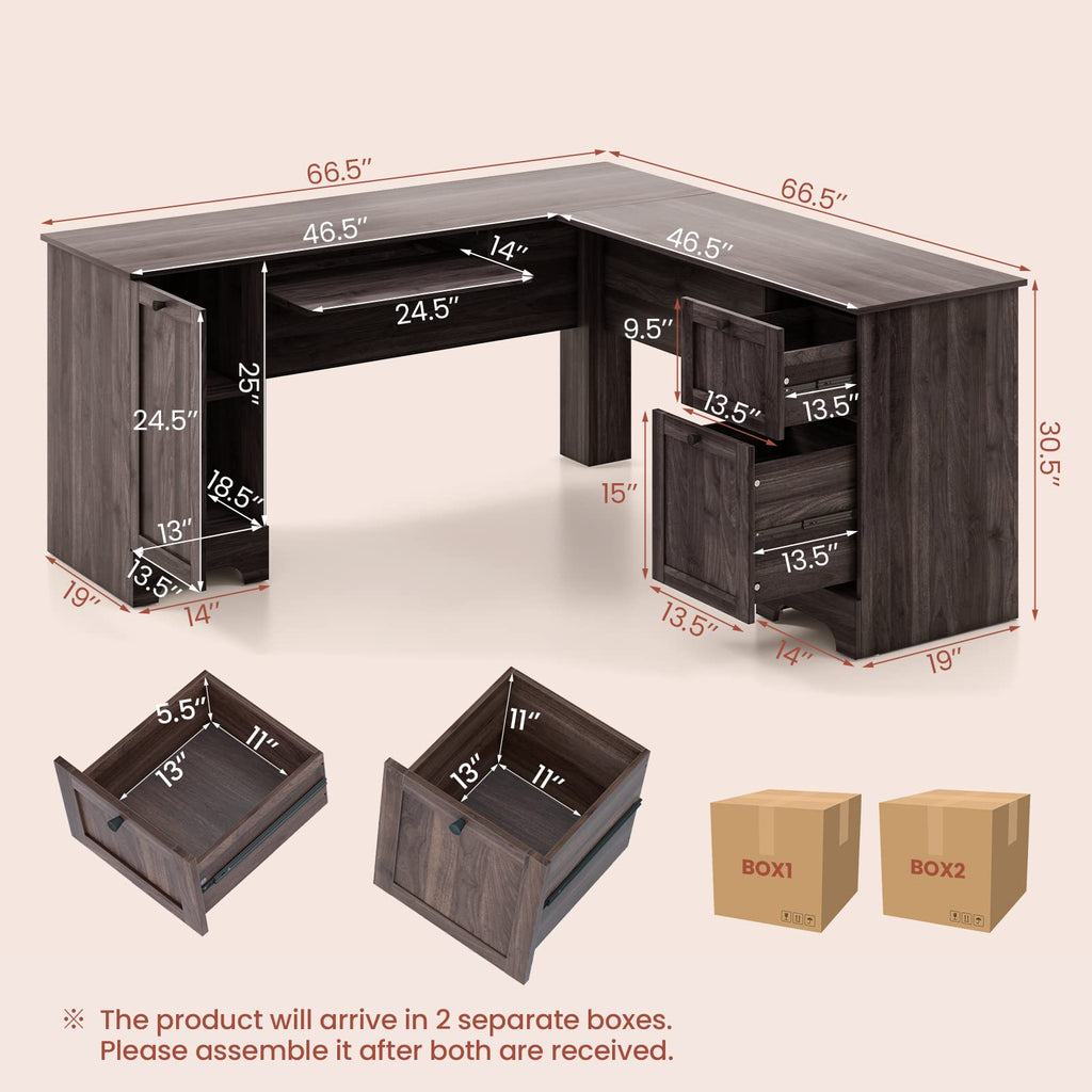 Shaped Office Desk with Storage Drawers & Keyboard Tray